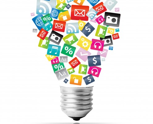 Creative light bulb with cloud of colorful application icon